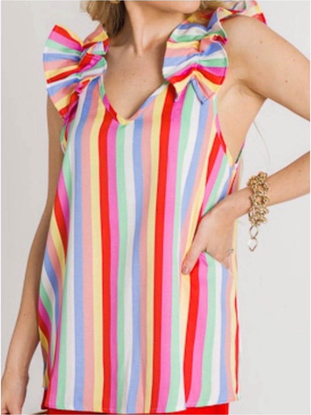 entro Rainbow Stripe Ruffle-Shoulder Tank Top